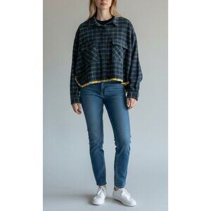 BDG Womens Green & Black Plaid Cropped Flannel Shirt With Yellow Trim Hem Button